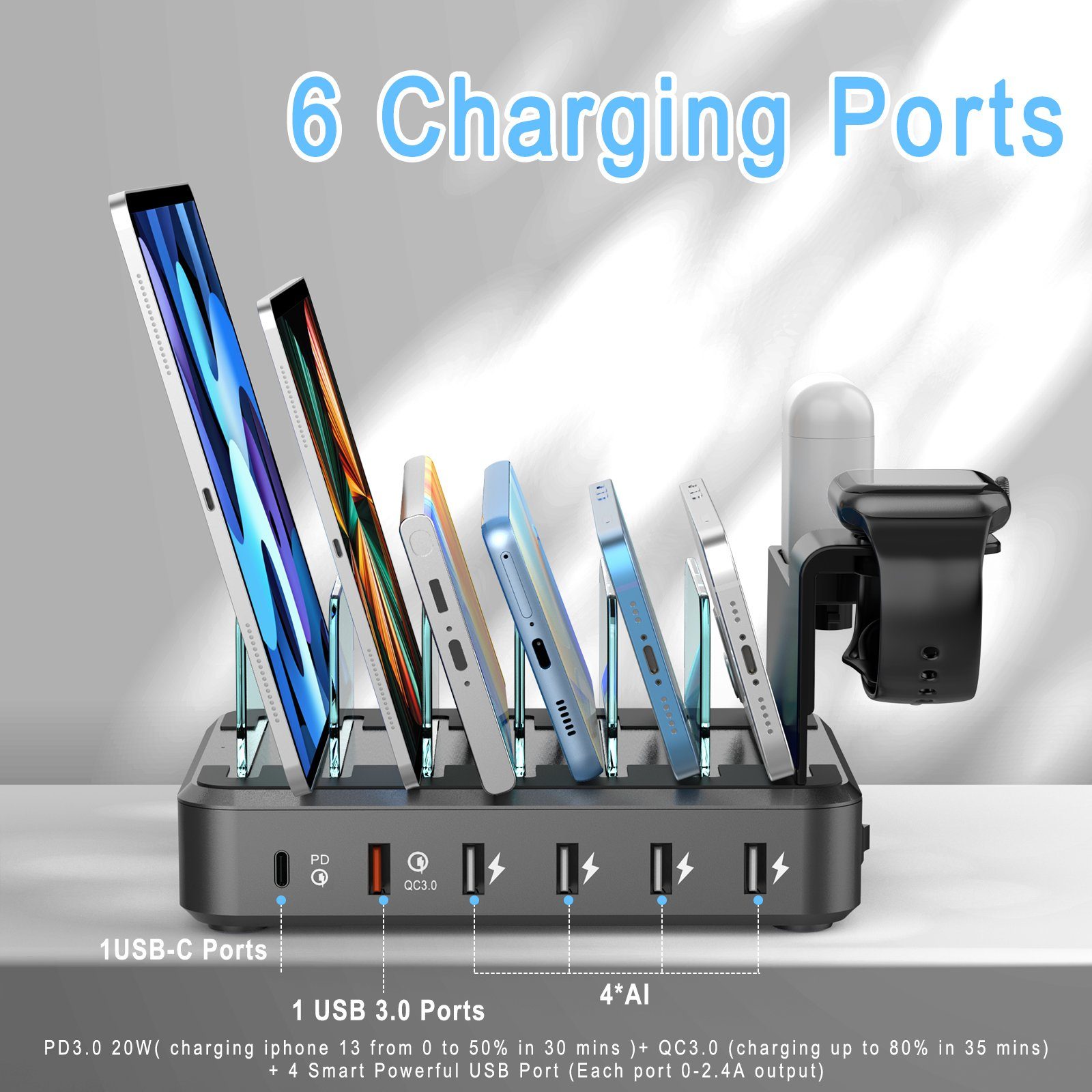 JOEAIS Handy-Dockingstation Desktop Ladestation Geräte Multi Ladestation Mehrere Aufladestation, (Fast Charger, Mobiltelefon Tablet Tablet Kopfhörer MP4 und andere USB-fähige Geräte), Ladegerät USB C Handy Ladestation Mehrfach Ladebox mit 6 USB Ports