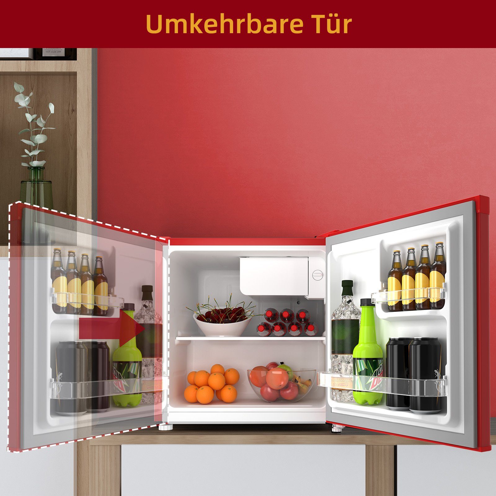 CHiQ Table Top Kühlschrank CSD46D4RE, 50 cm hoch, 47 cm breit, Mini Kühlschrank, 39dB,12 Jahre Garantie auf den Kompressor