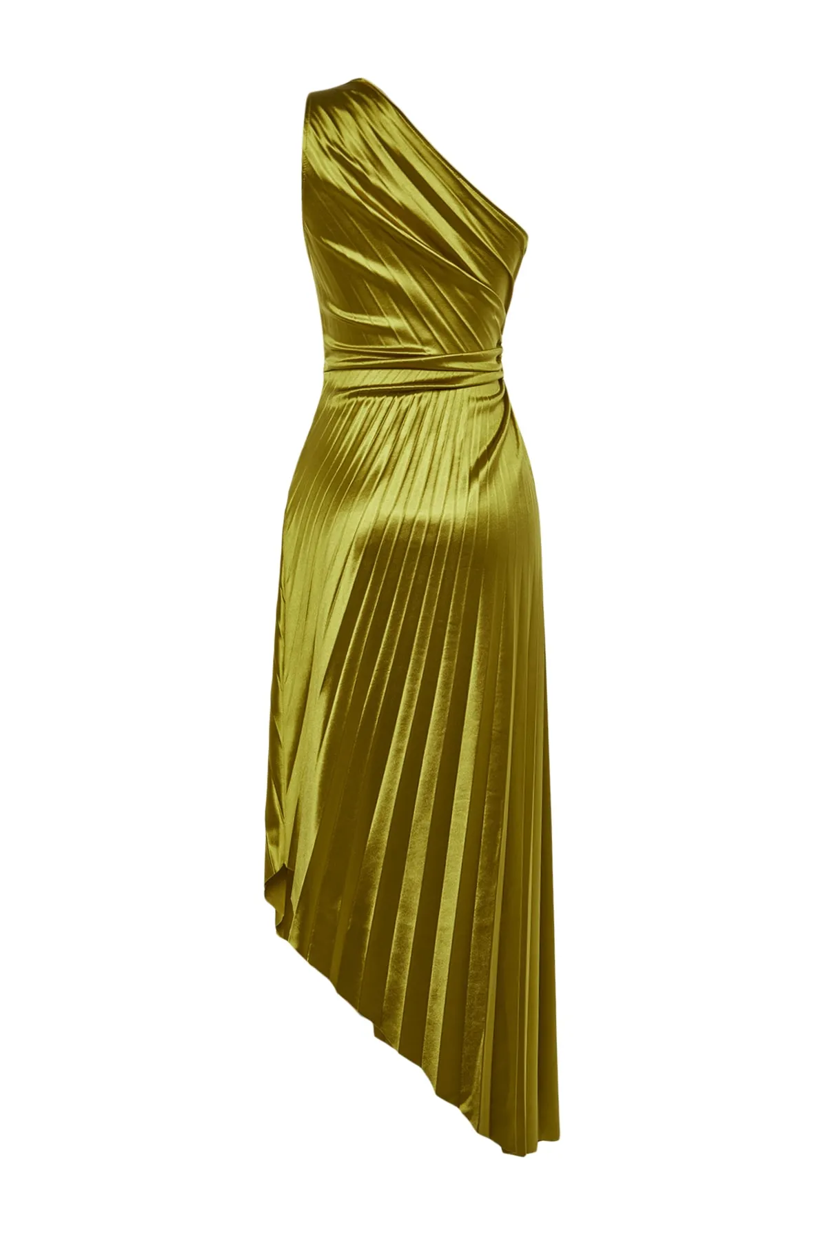 Trendyol Collection  Hellgrünes asymmetrisches Strick-Abendkleid aus Satin mit Faltendetails TPRSS23EL00557