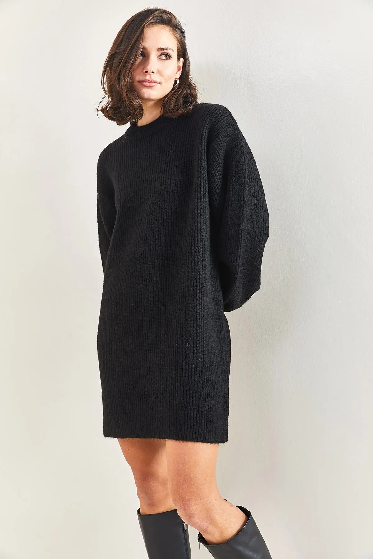 Bianco Lucci  Damen Ärmel Gemustertes Rippenstrick Tunika Pullover Kleid