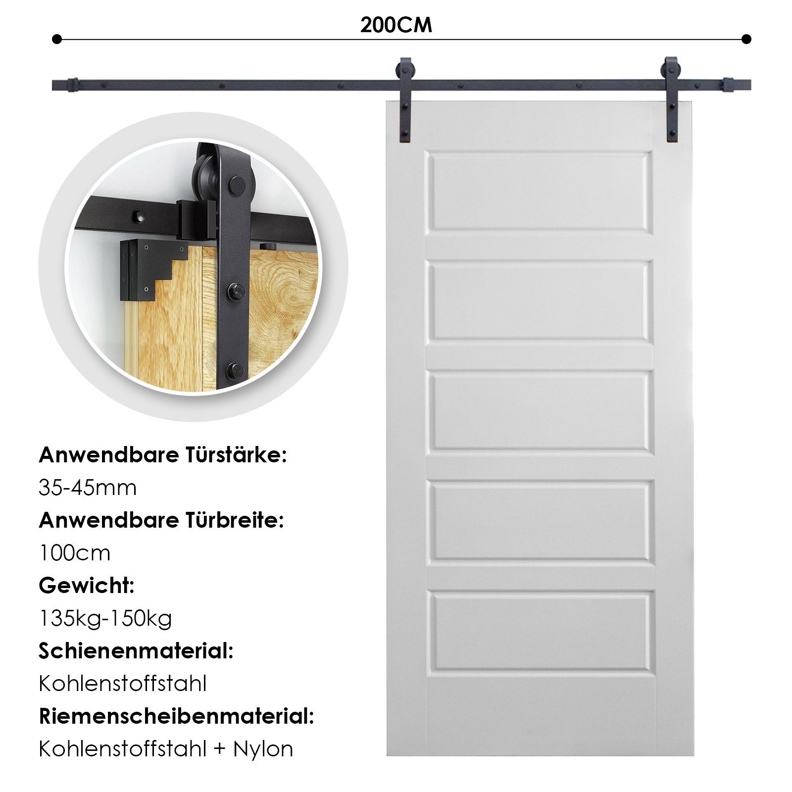 Clanmacy Schiebetür 200cm Schiebetürsystem Schiebetürbeschlag Laufschiene Montage 150kg, 200cm
