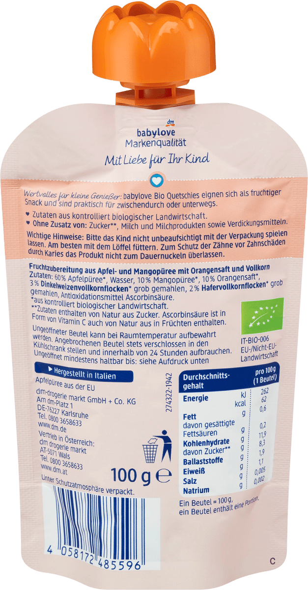 Quetschie Mango & Orange in Apfel mit Vollkorn ab 1 Jahr, 100 g