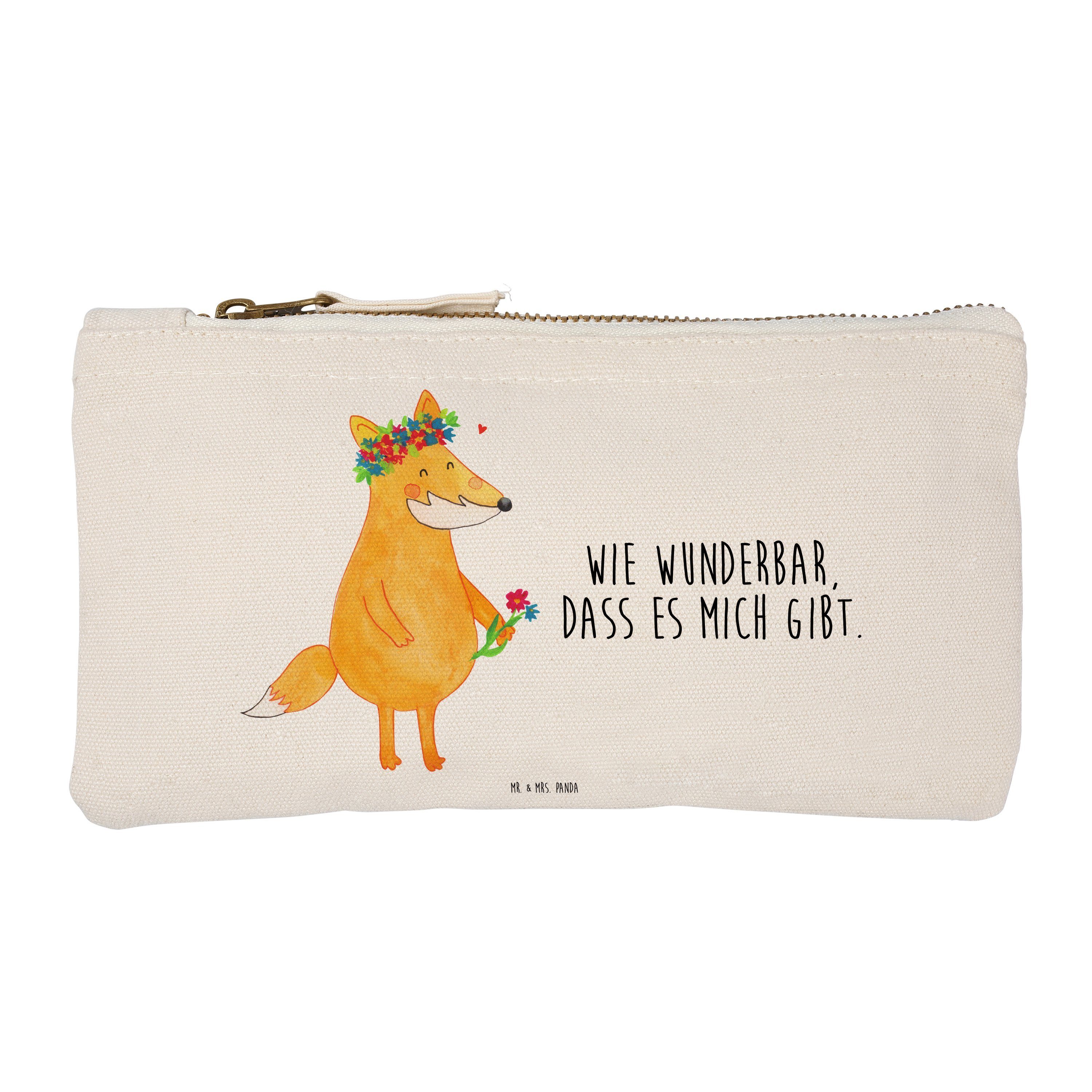 Mr. & Mrs. Panda Kosmetiktasche Fuchs Blumenliebe - Weiß - Geschenk, Freude, Makeup, Stiftemäppchen, (1-tlg)