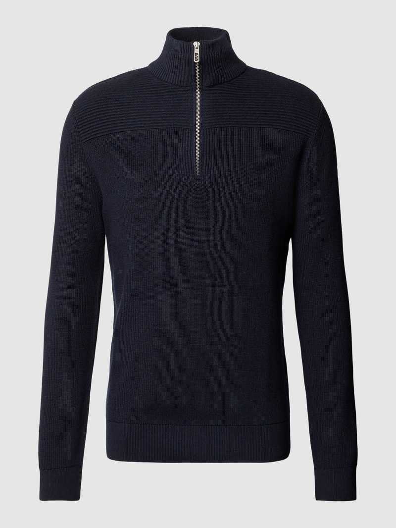 Strickpullover mit kurzem Reißverschluss in marineblau meliert