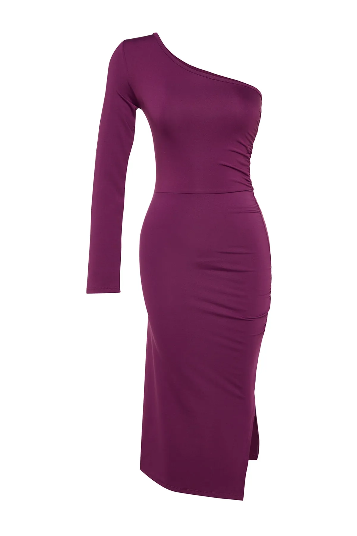 Trendyol Collection  Lilafarbenes Midi-Strickkleid mit asymmetrischem Kragen und einem Ärmel, gerafft und figurbetont TWOAW24EL00172