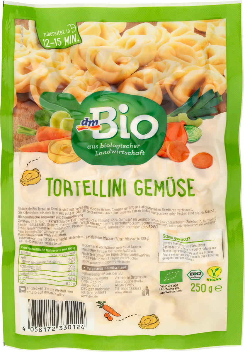 Nudeln, Tortellini mit Gemüse gefüllt, 250 g