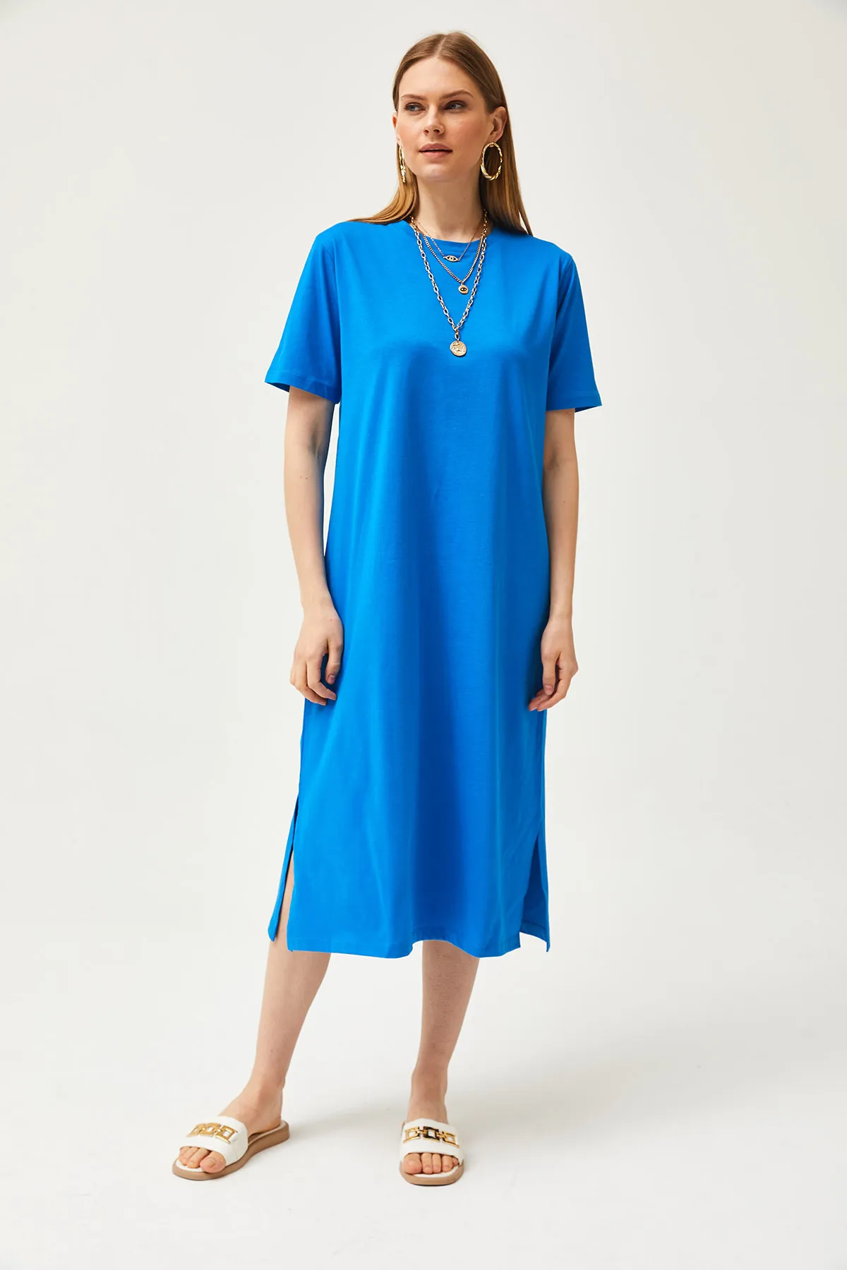 Olalook  Damen-Saks-Blaues Oversize-Baumwollkleid mit Seitenschlitzen ELB-19001880