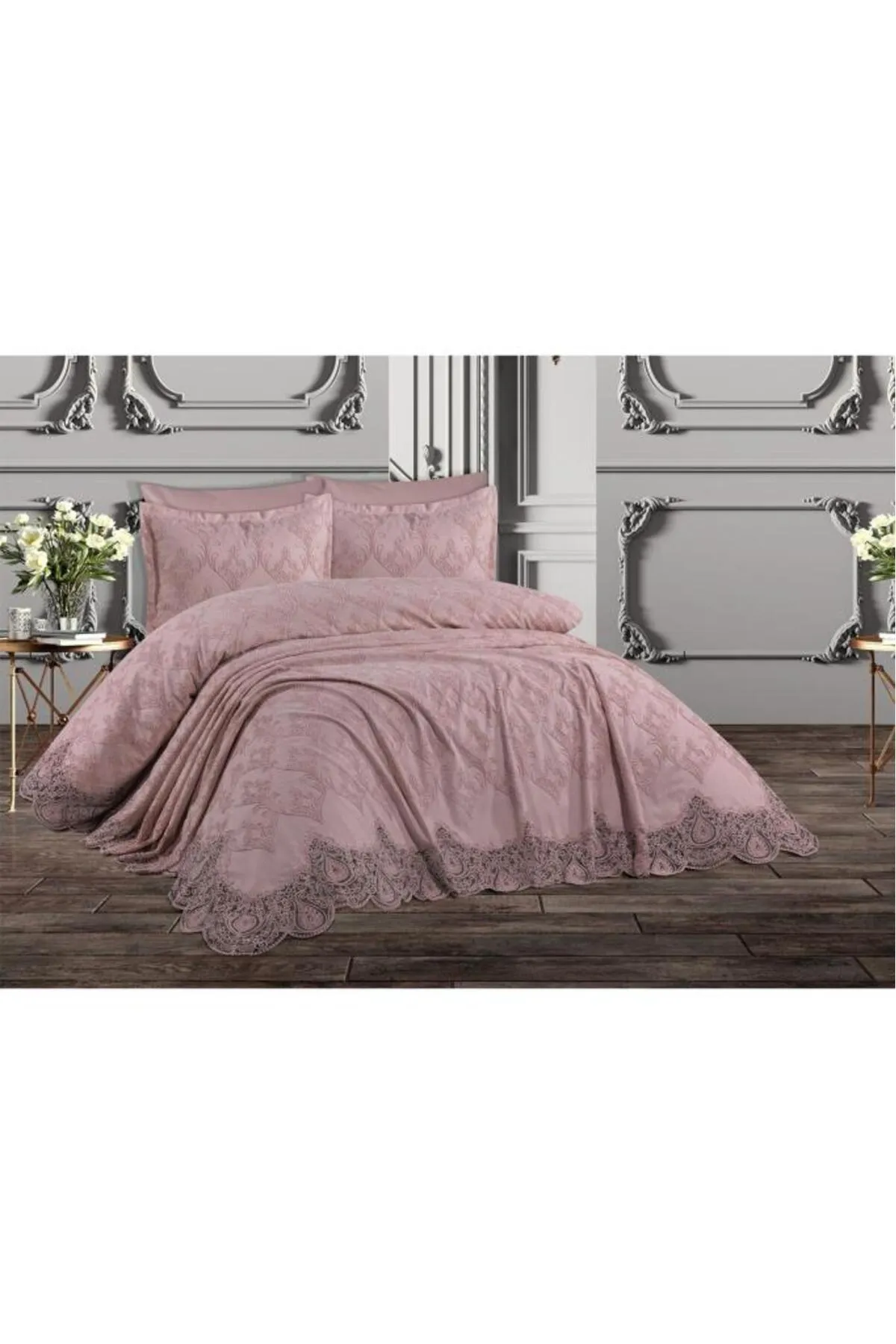 Çeyiz Diyarı  Französisches Spitzen-Seerosen-Piqué-Set, 6-teilig, Puder
