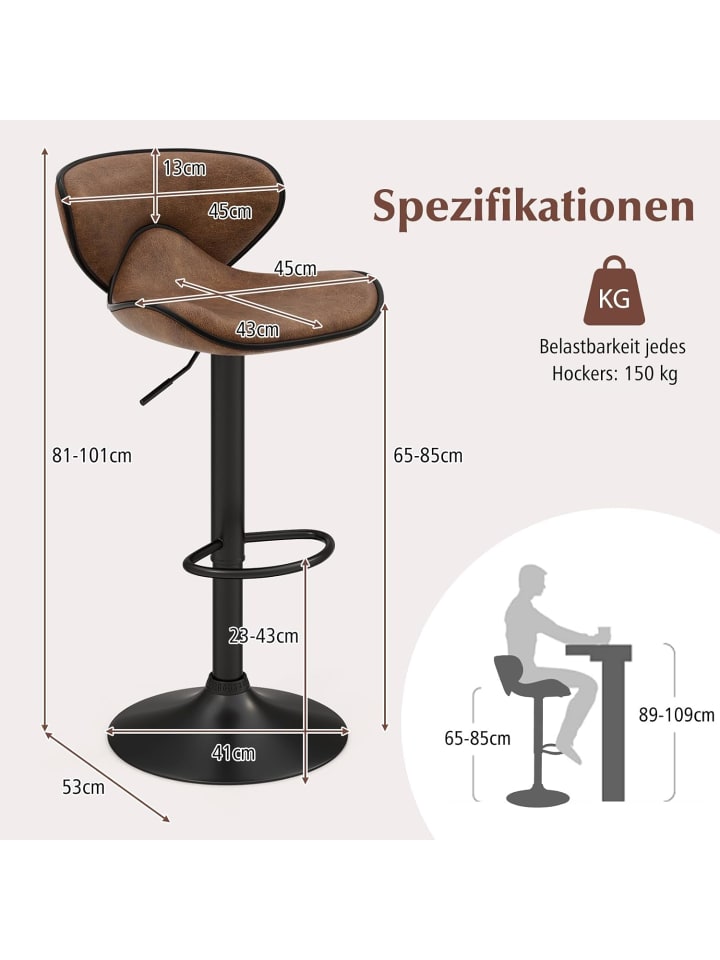 COSTWAY 2er Set Barhocker drehbar 45 x 53 x 81-101 cm in Braun günstig kaufen onesize