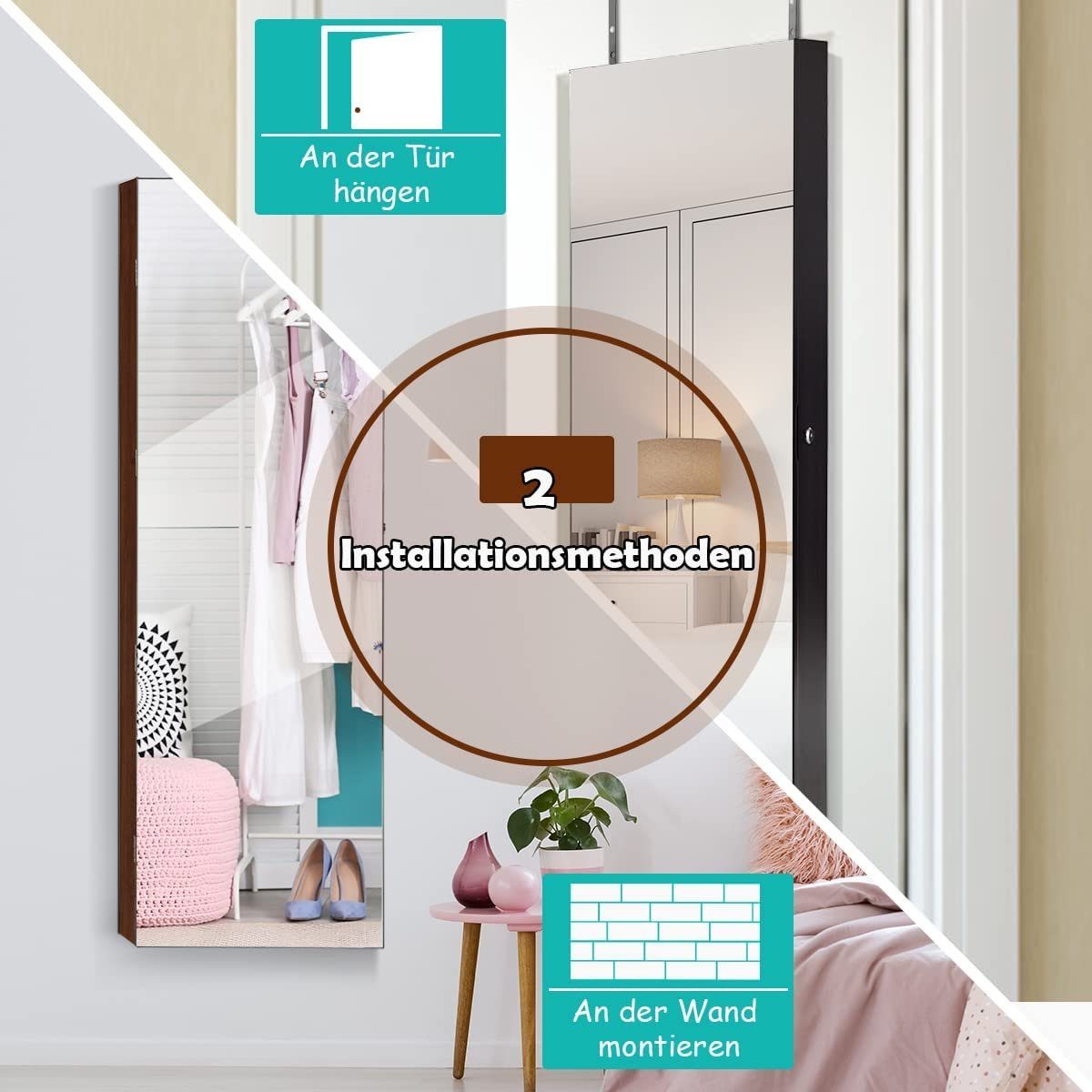 KOMFOTTEU Schmuckschrank Spiegelschrank 120 cm hoch, mit LED Beleuchtung