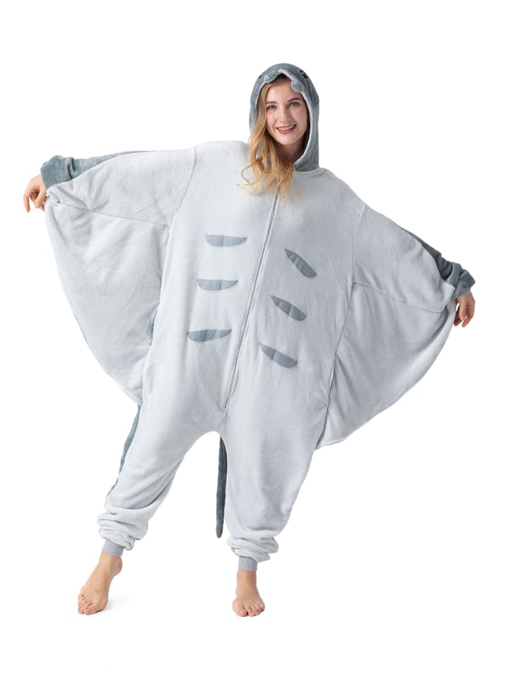 Corimori Flauschiges Manta Rochen-Kostüm für Erwachsene mit Haarreif | Kostüm Onesie in Grau günstig kaufen