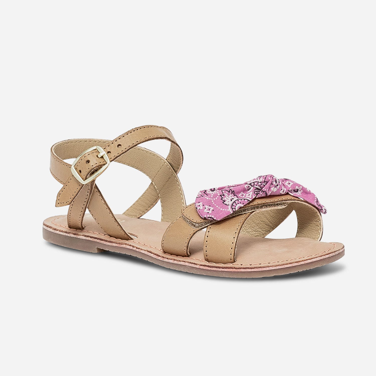 Sandale camel en cuir avec nœuds bandana amovibles
