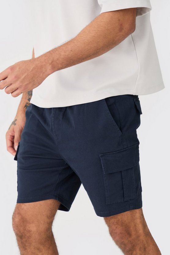 Dunkelblaue Skinny Cargo-Shorts mit elastischem Bund