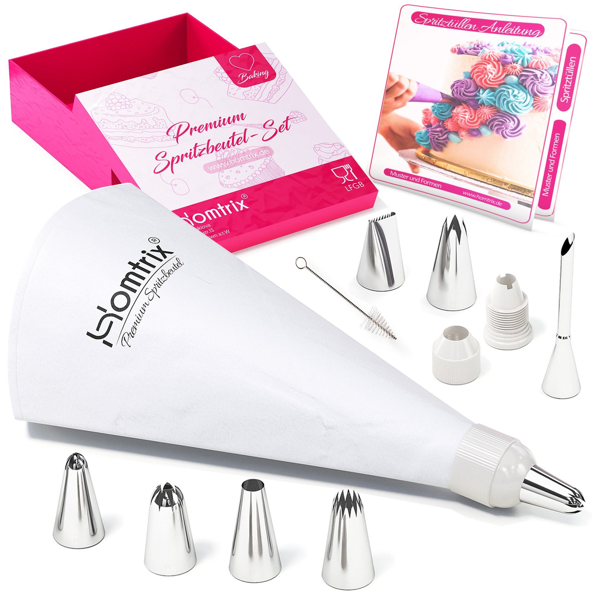 Homtrix Spritzbeutel (All in One Deko, 10-tlg) Großer Mehrweg Spritzsack mit 7 große Spritztüllen, Adapter