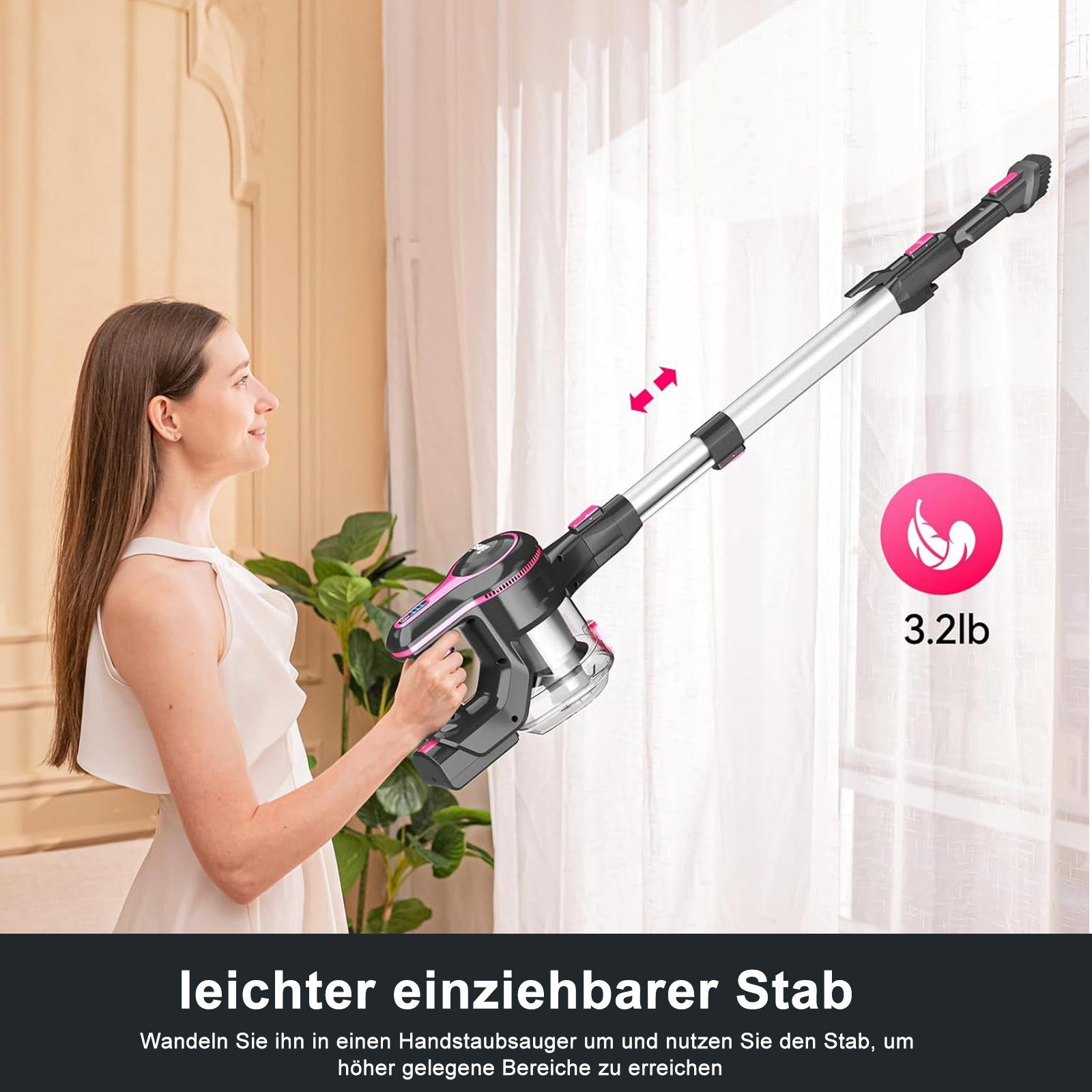 INSE Akku-Hand-und Stielstaubsauger N5-RED, Akku Staubsauger, Staubsauger, 25KPa, 55 Minuten, 1.2L