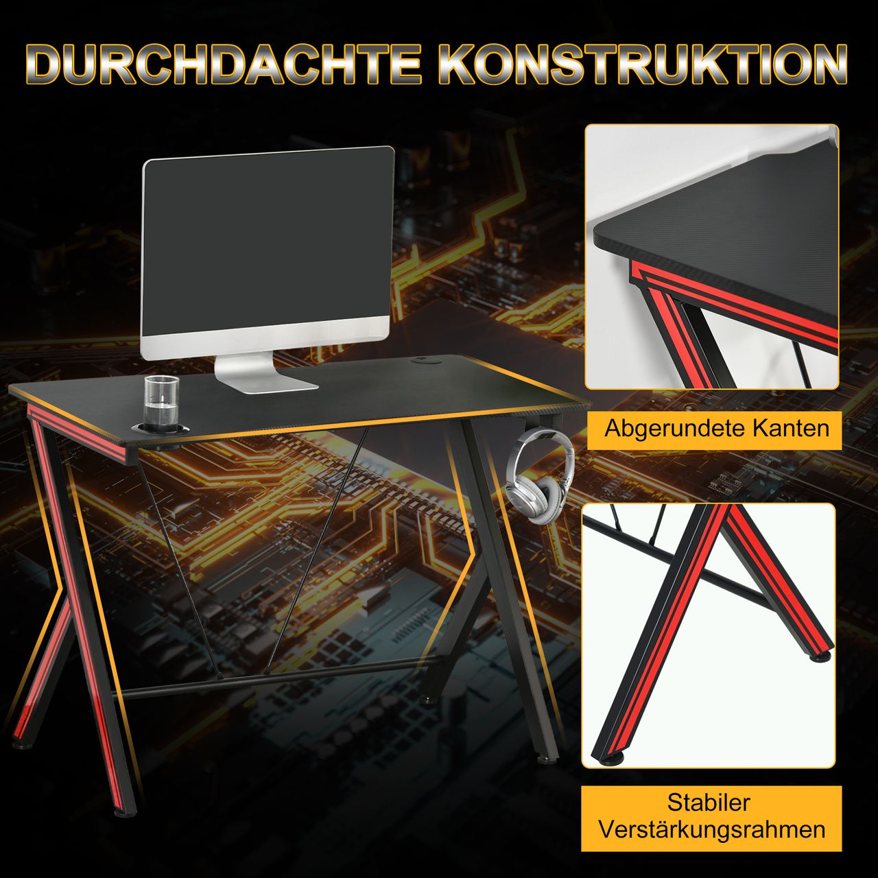 HOMCOM Gaming-Tisch Schreibtisch mit Kopfhörerhaken Getränkehalterung Computertisch Stahl   MDF Schwarz 105 x 55 x 75 cm