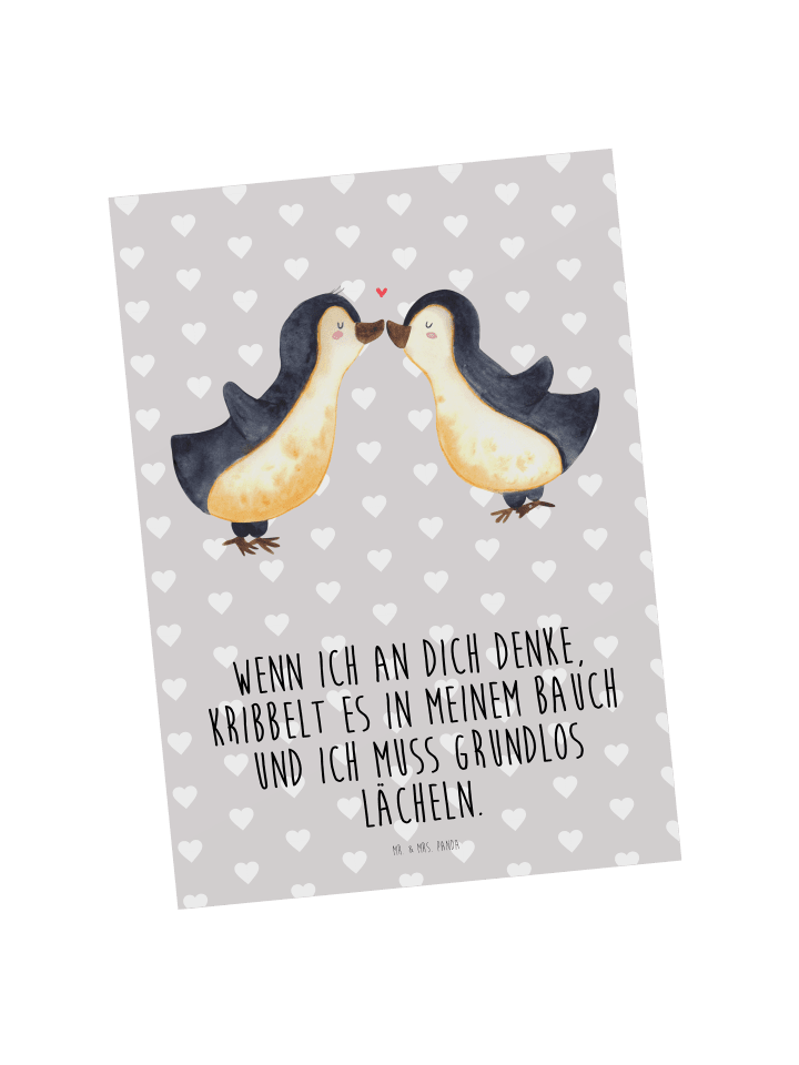 Mr. & Mrs. Panda Postkarte Pinguine Kuss mit Spruch in Grau Pastell günstig kaufen onesize
