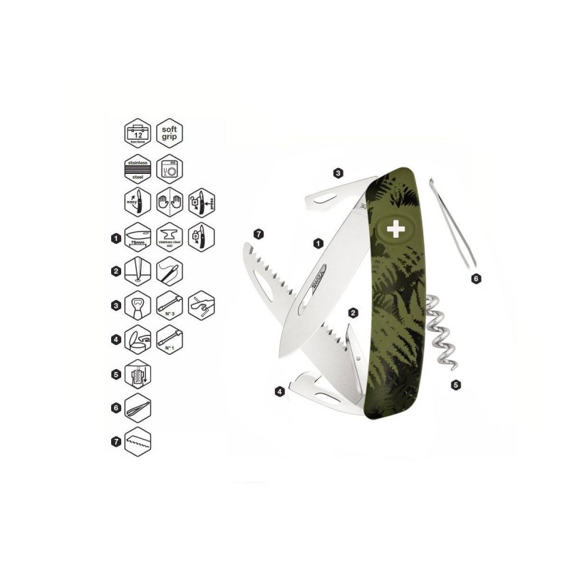 Schweizer Messer, Swiza C05 Camouflage Olivenfarn, mit 12 Funktionen Mehrfarben, Made in Swiss.