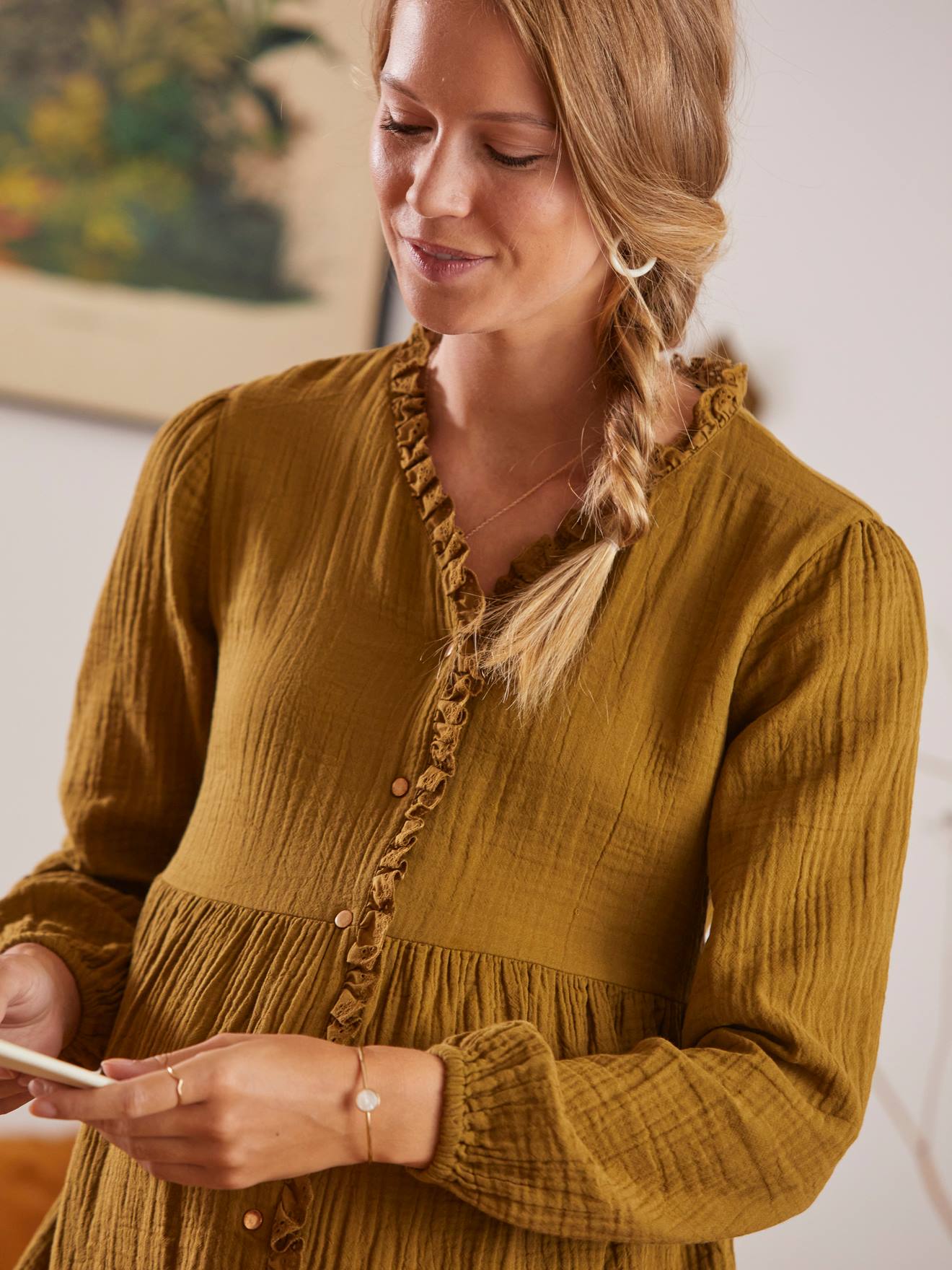 Blouse gaze de coton de grossesse et d'allaitement kaki