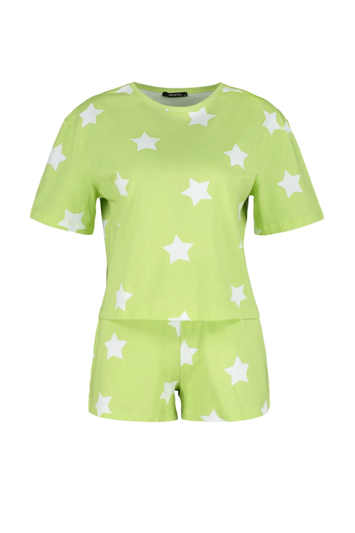 Trendyol Collection  Hellgrünes Strickpyjama-Set mit T-Shirt und Shorts aus 100 % Baumwolle mit Sternmuster THMSS22PT0501