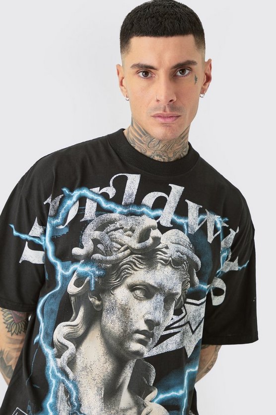Tall schwarzes T-Shirt mit Renaissance Worldwide Print