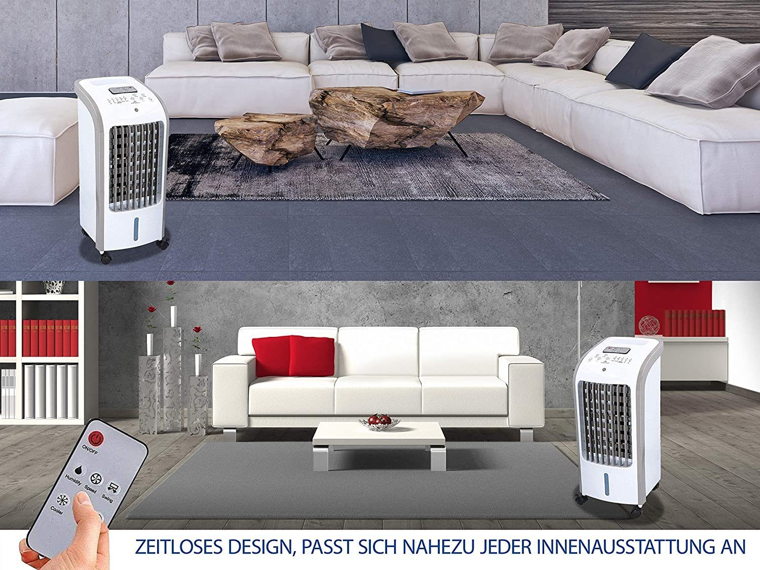 JUNG Ventilatorkombigerät COMODO mobiles Klimagerät ohne Abluftschlauch, Wasserkühlung, Aircooler, Aircondition, 60W, Luftkühler, leise, Ventilator Kühler