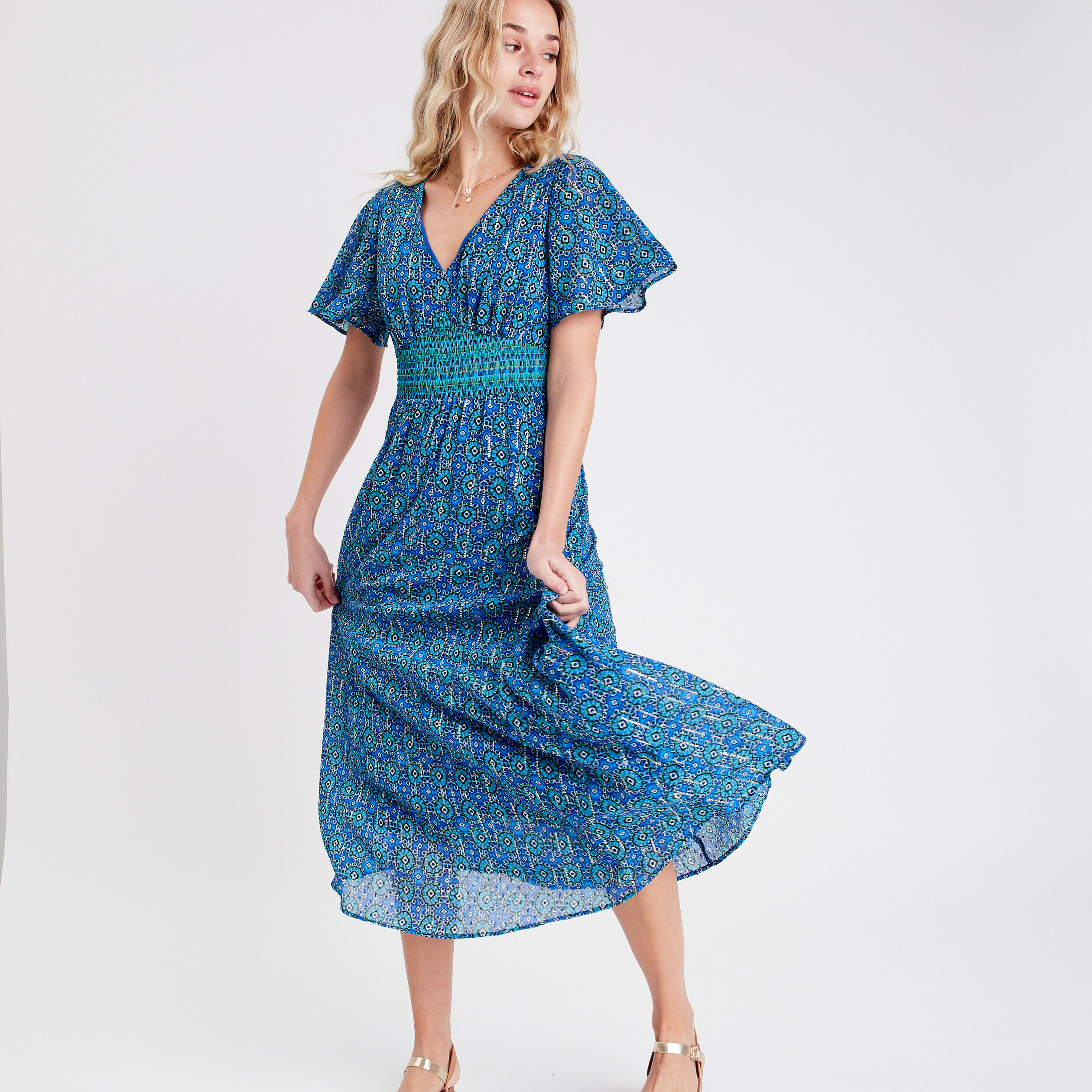 Robe évasée avec manches courtes bleu femme | Cache Cache