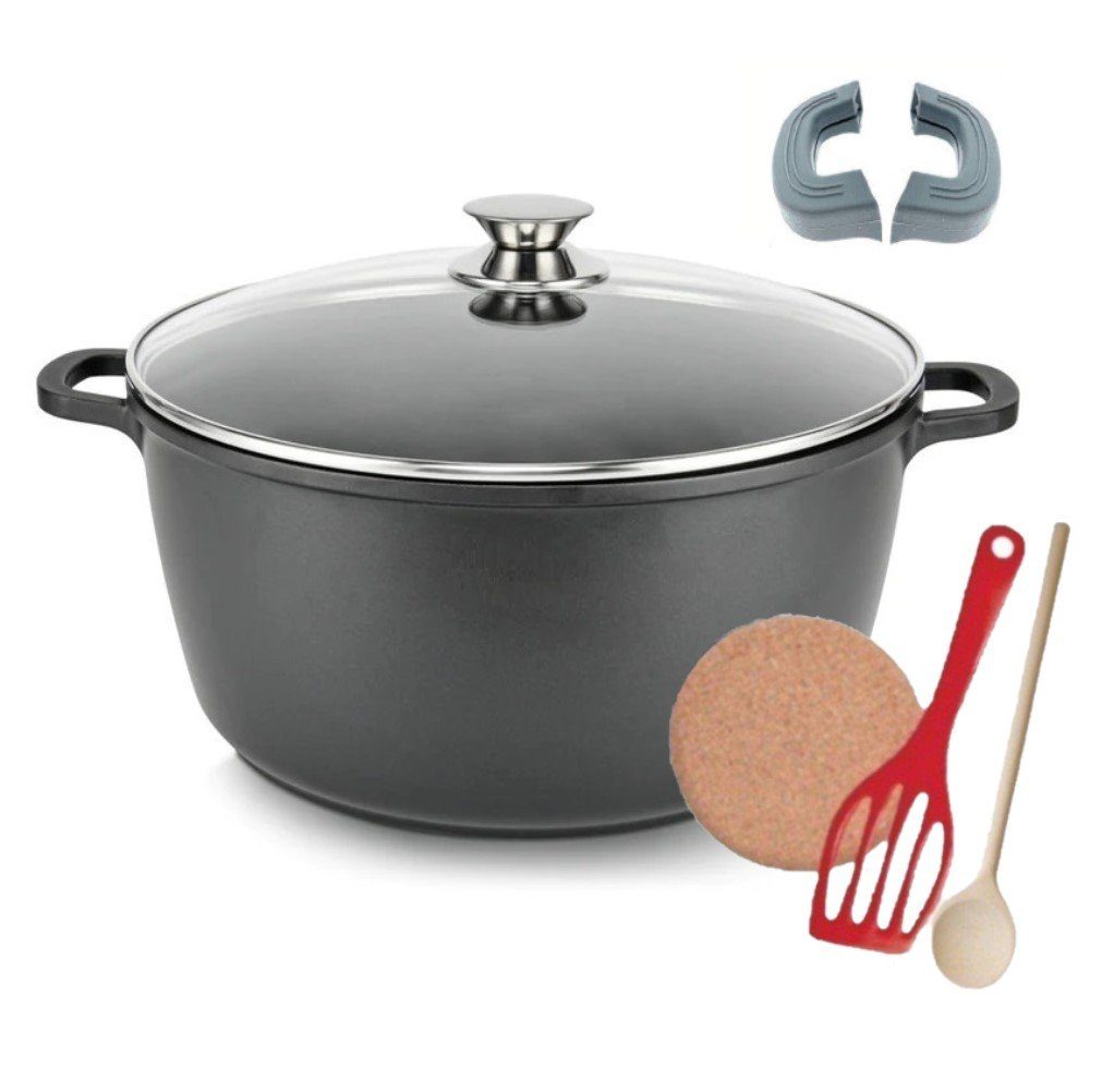 KESSMANN Topf-Set Kochtopf mit Deckel 7-tlg Induktion Topf Set Aluguss Suppentopf, Aluminiumguss (Set, 7-tlg., Inkl. 2 Silikon Griffe 1 Pfannenwender 1 Kork-Untersetzer 1 Holzlöffel), Antihaft Topfset Induktionsgeeignet Fleischtopf Bräter Pfanne koch
