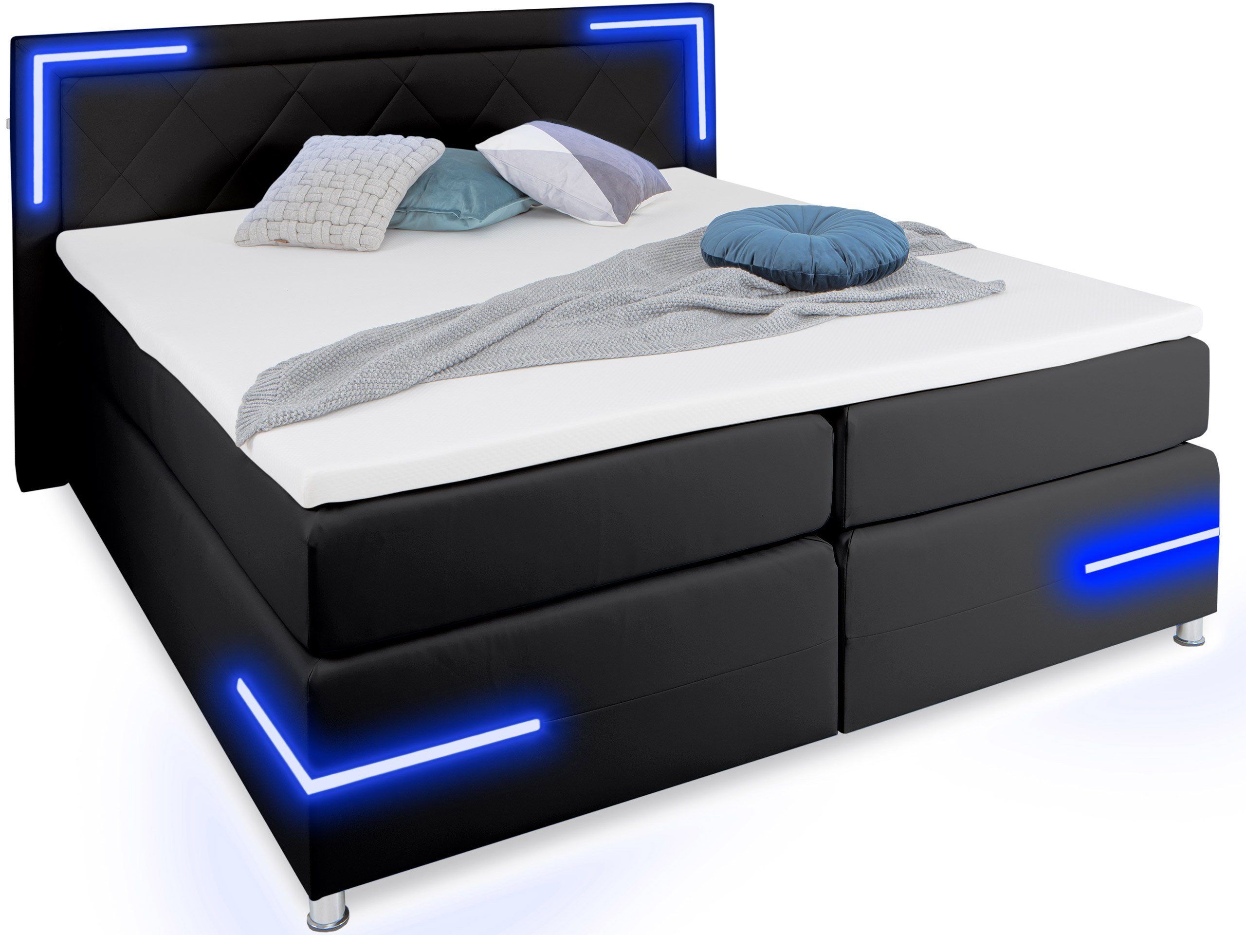 wonello Boxspringbett Arizona, mit LED Beleuchtung und Topper, wahlweise mit Bettkasten
