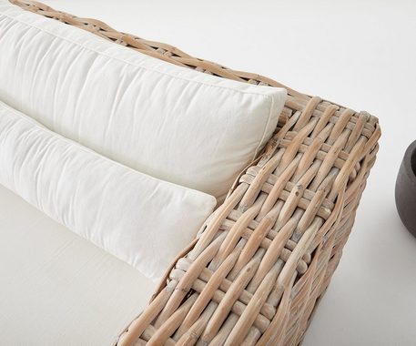 DELIFE Gartensessel Nizza, white washed 103x95 cm aus Rattan mit Kissen weiß Loungesessel