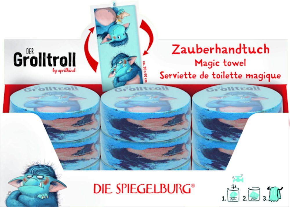 COPPENRATH DIE SPIEGELBURG Gästehandtuch Zauberhandtuch Grolltroll Kinderhandtuch blau 60 x 30 cm, (1-St), In Form gepresstes Handtuch, dass sich im Wasser entfaltet.