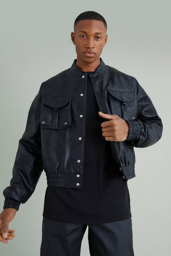 Kastige PU-Bomberjacke mit Cargo-Taschen