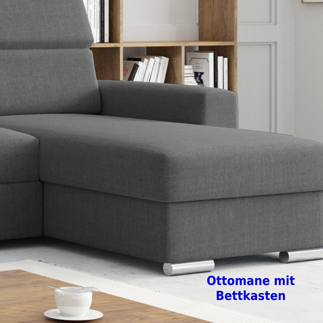 Möbel Punkt Ecksofa Ecksofa TOKIO Webstoff Grau oder Schwarz mit Bett und Bettkasten, Rechts und Links universell aufbaubar, mit Bettfunktion