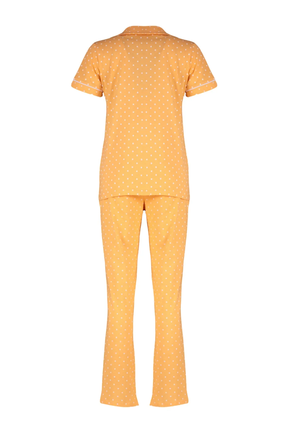 Trendyol Collection  Pfirsichfarbenes Strick-Pyjama-Set aus 100 % Baumwolle mit Paspelierung, gepunktetem Hemd und Hose THMSS20PT0304