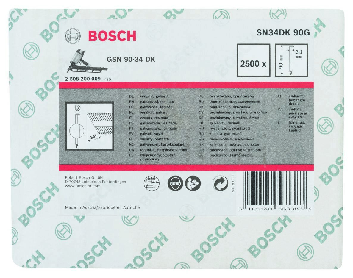 Bosch Blue Accessories 2608200009 SN34 DK 90G Stripsøm 34° D-hoved Galvaniseret Glat 90 mm 2500 stk.