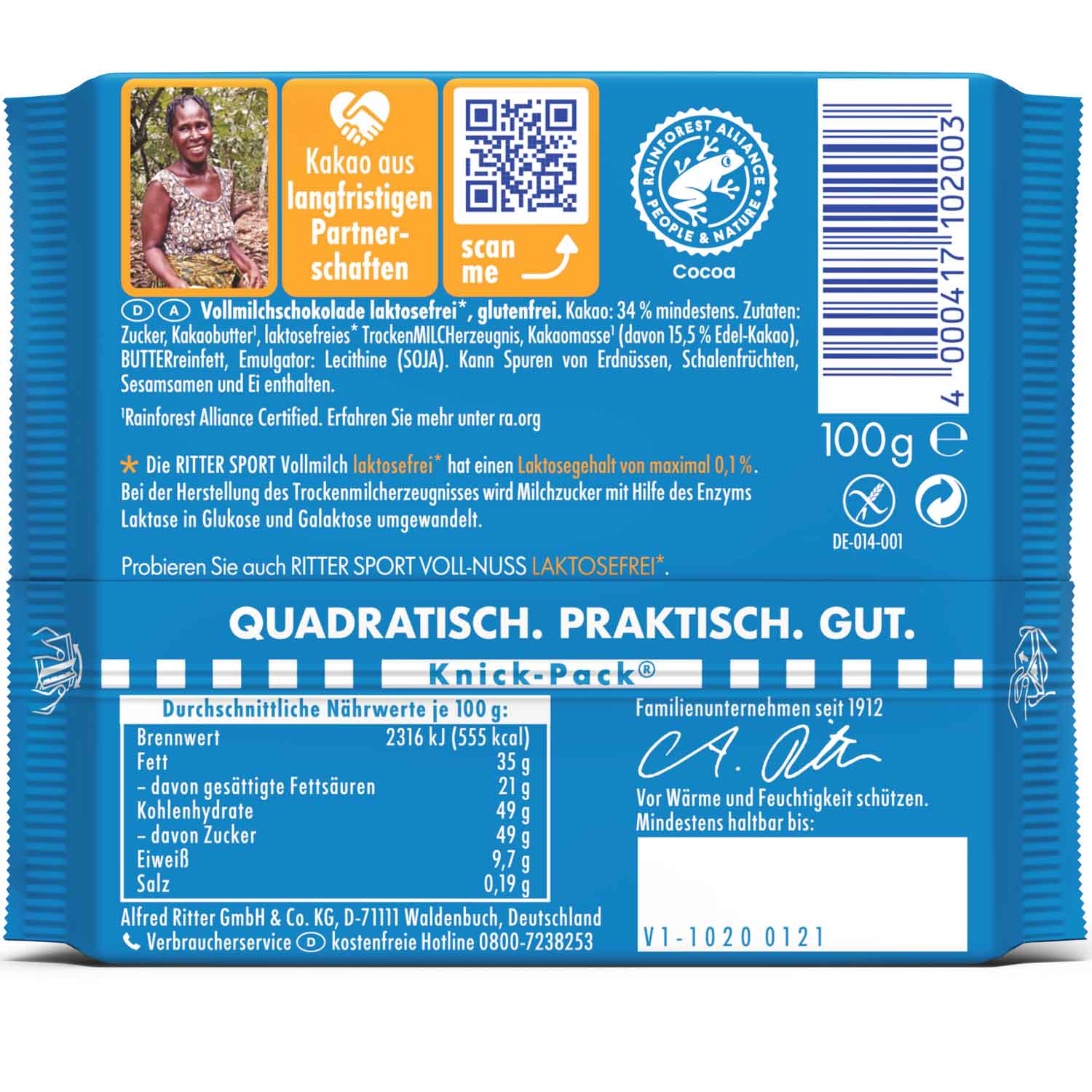 Ritter Sport Vollmilch laktosefrei 100g
