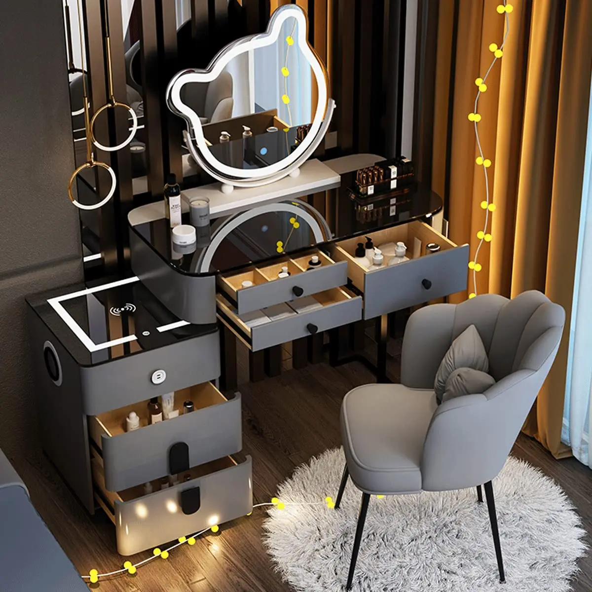 Makeup Vanity Desk Set, With 3 Color LED Lights Mirror, With Cushioned Stool, for Family Bedroom, for Her (120CM/47.2IN)