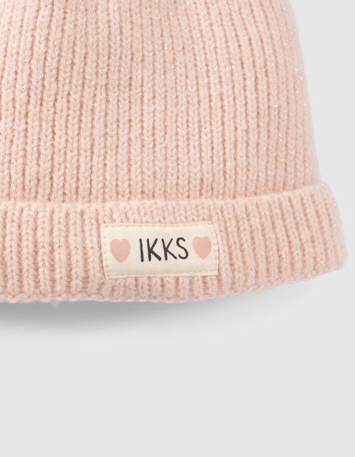Bonnet rose poudré tricot lurex fourré bébé fille