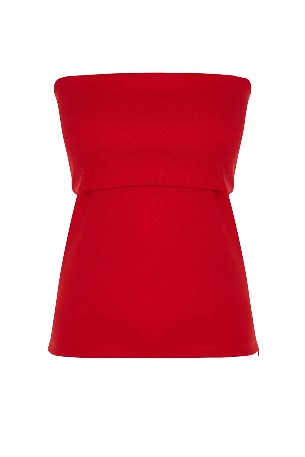 Trendyol Collection  Rote Krepp-Strickbluse mit trägerlosem Kragen und seitlichem Reißverschluss TWOSS23BZ00928
