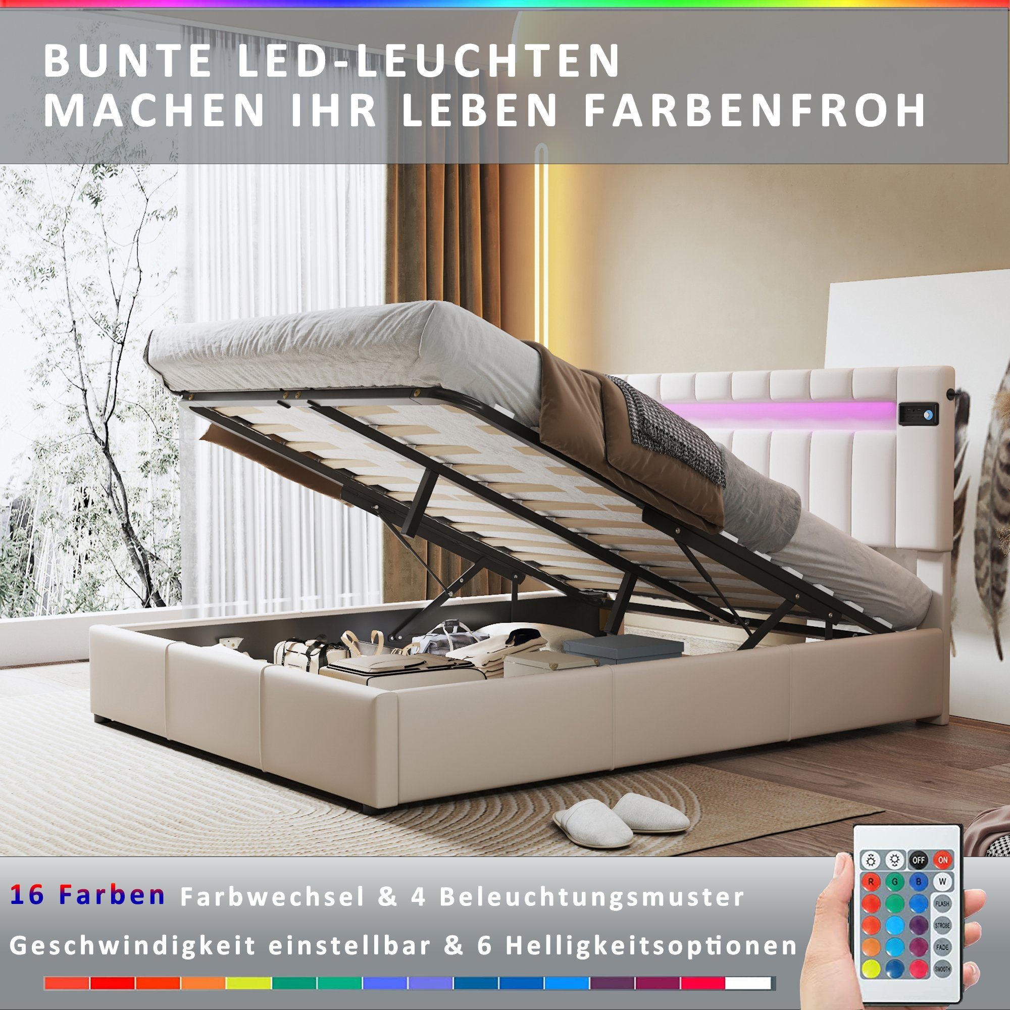 Flieks Polsterbett, LED-Licht USB-Laden hydraulisches Holzbett Samt 140x200cm