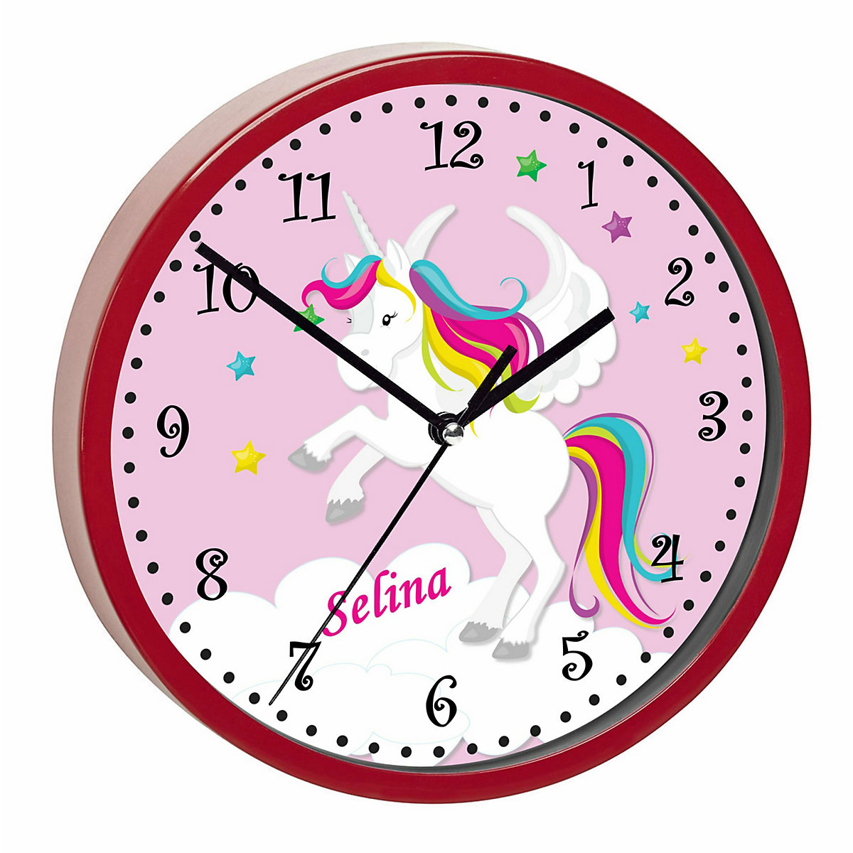 Kinder Wanduhr laufruhig personalisiert mit Name Pegasus Rosa