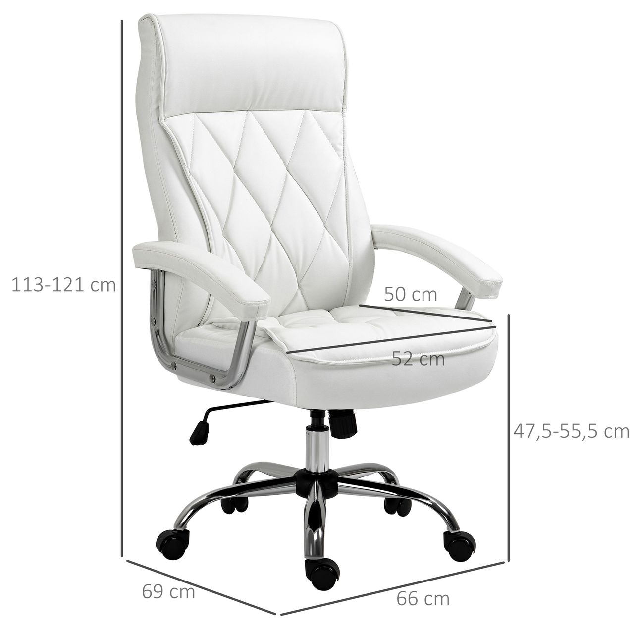 HOMCOM Chefsessel Bürostuhl Schreibtischstuhl Drehstuhl ergonomisch mit Wippenfunktion höhenverstellbar Rautenmuster modern elegant luxuriös PU-Leder Metall Schaumstoff Weiß 66x69x121 cm