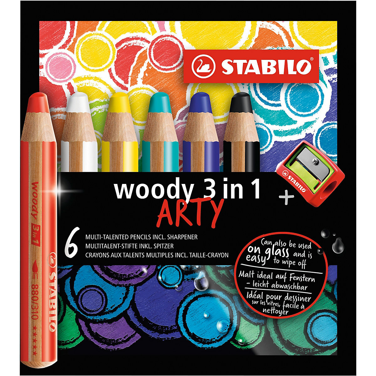 Buntstifte woody 3 in 1 ARTY, 6 Farben, inkl. Anspitzer