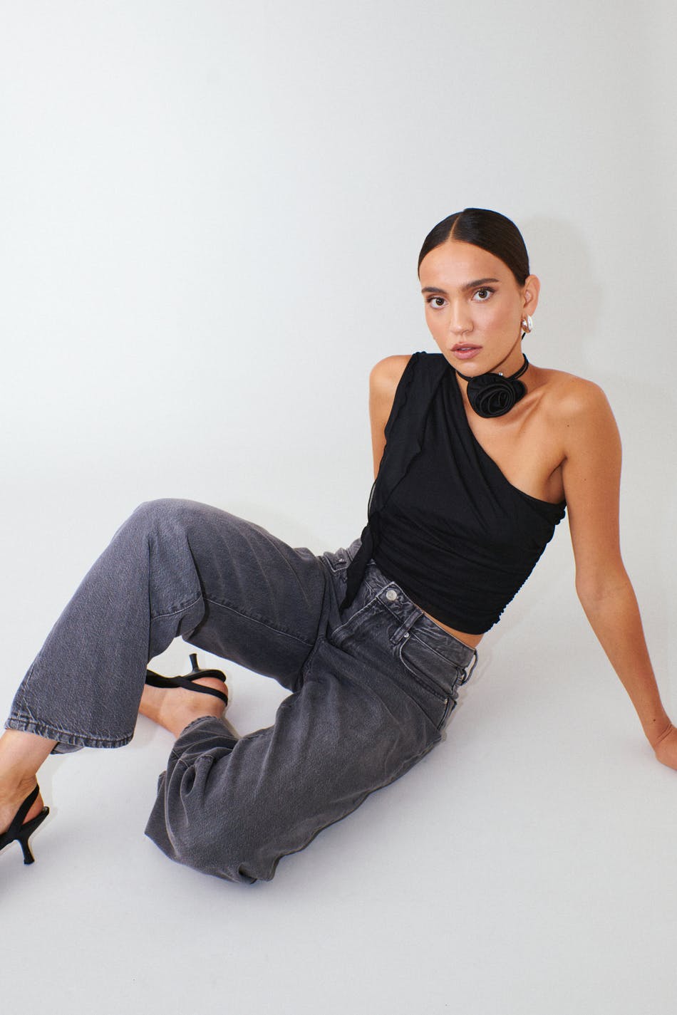 One shoulder ruched mesh top