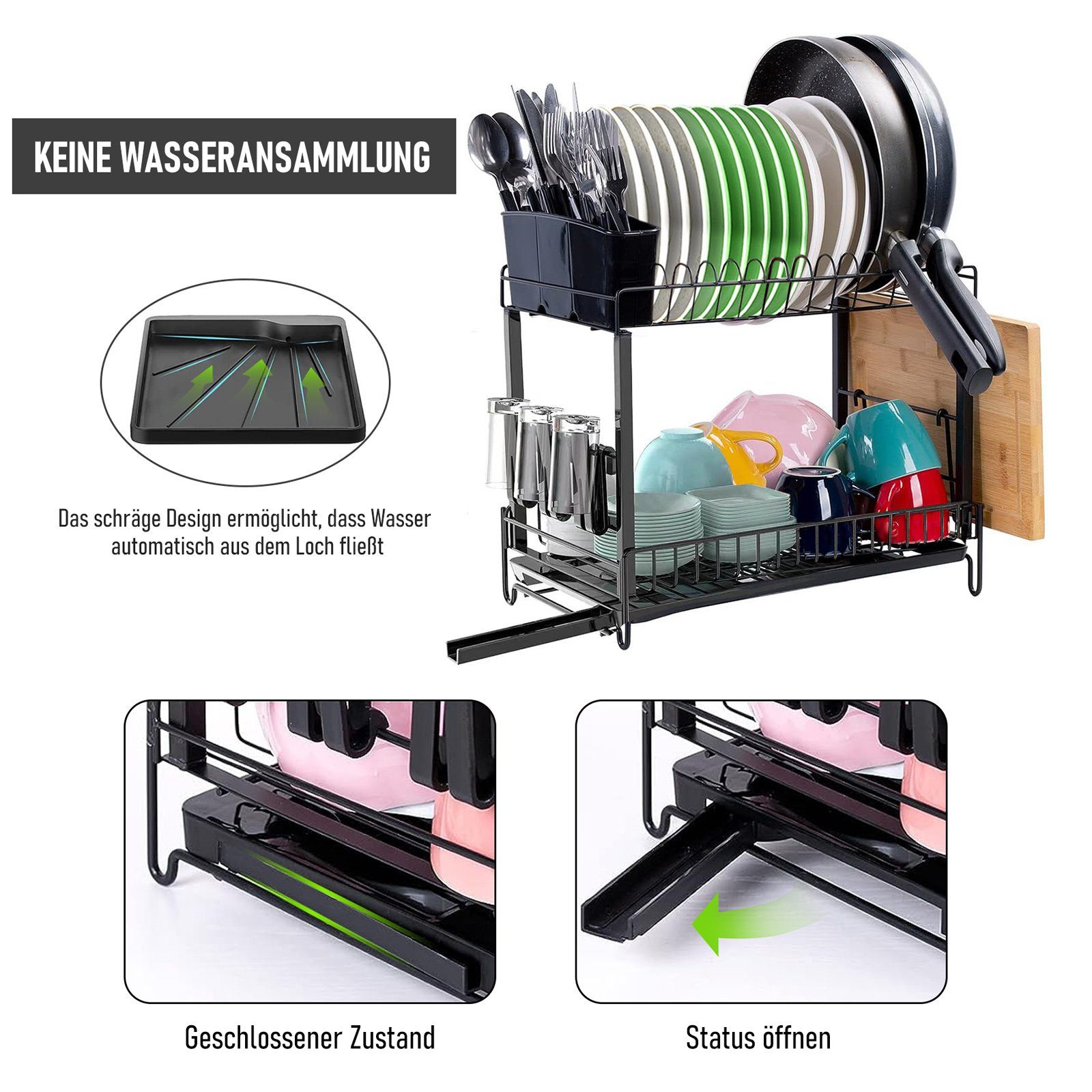 CALIYO Geschirrständer Abtropfgestell Geschirr, 2-stufiges Geschirrabtropfgestell Edelstahl, Geschirr Abtropfständer Abtropfgitter, Dish Drying Rack Drainer