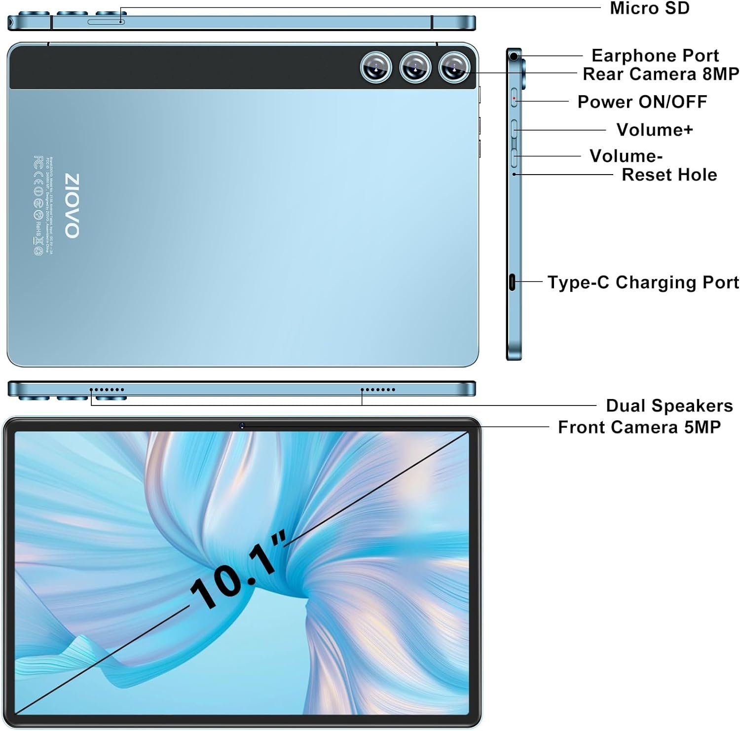 ZIOVO 14(8+6)GB RAM+128GB ROM/1TB TF Tablets mit 5G+2.4G WLAN 8 Core 2.0 GHz Tablet (10