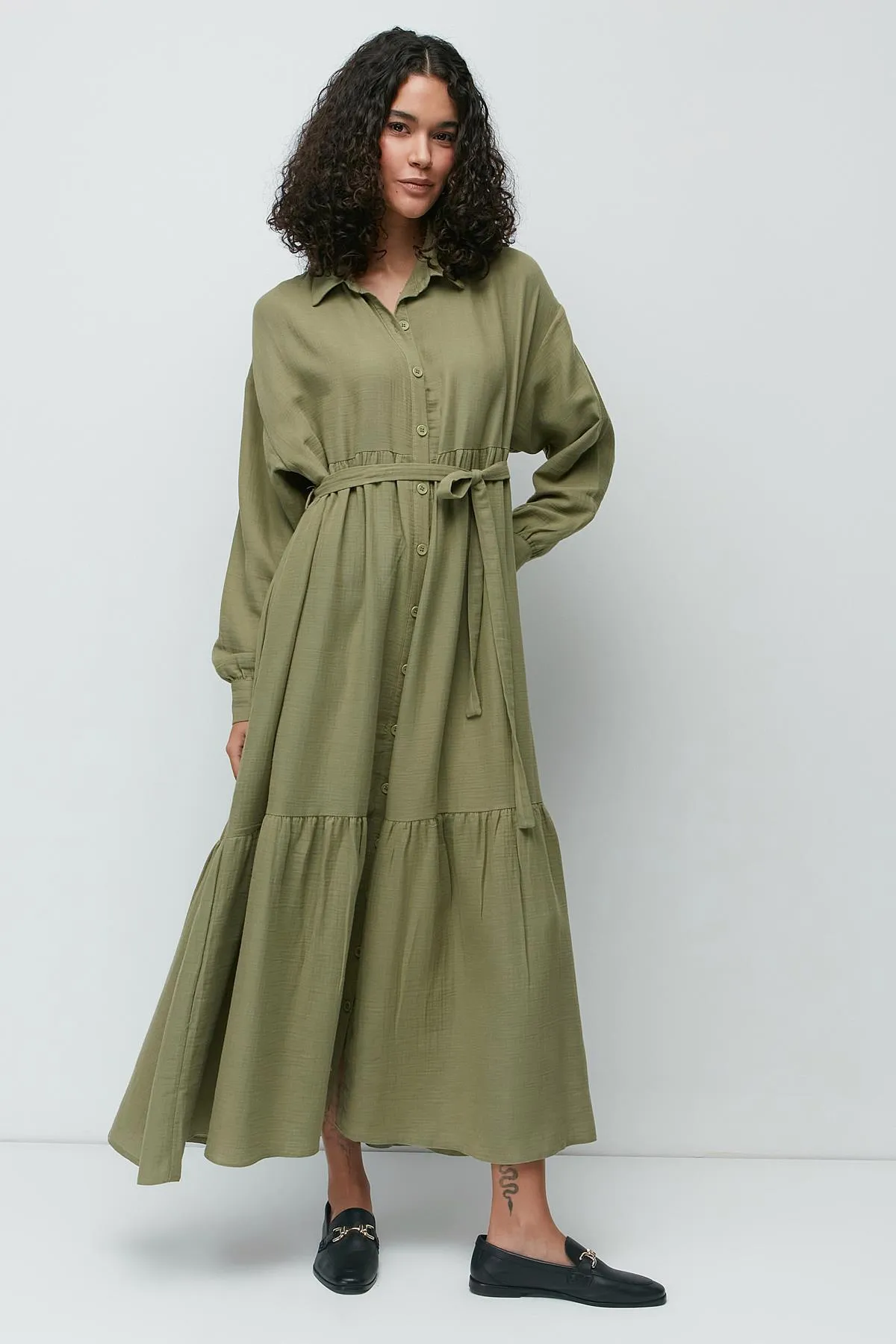 C&City  Langarmkleid aus Bio-Baumwollmusselin 9128 Khaki