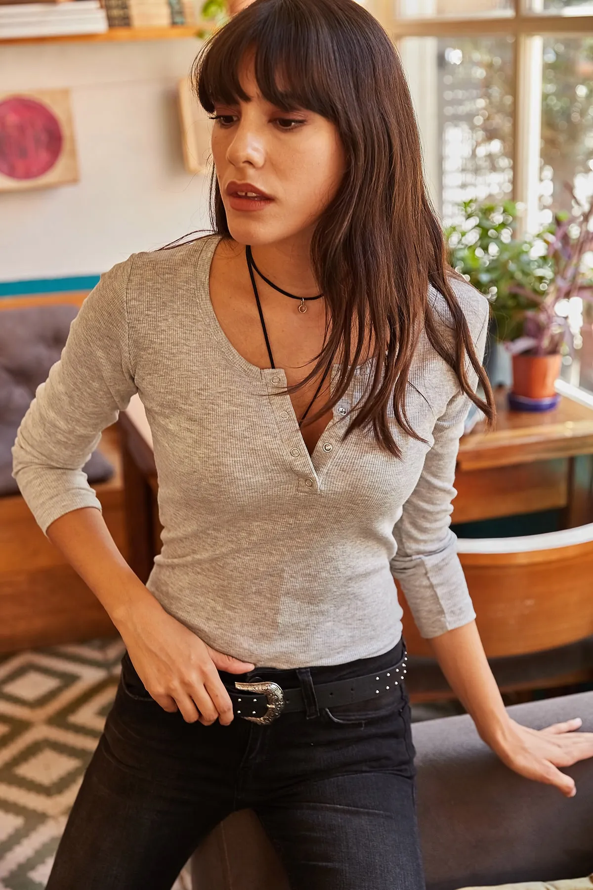 Olalook  Grau karierte Camisole-Bluse für Damen BLZ-19000588