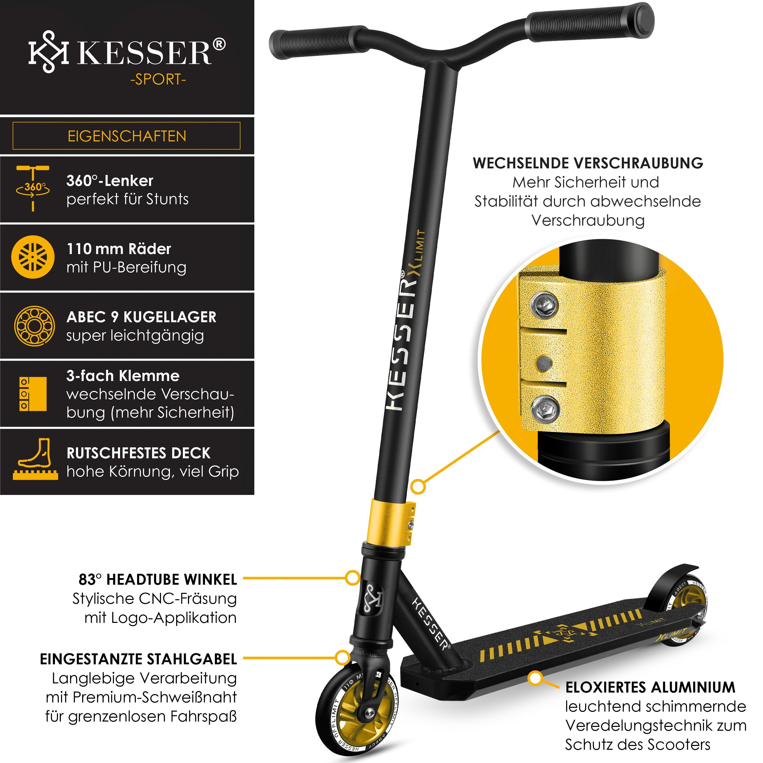 KESSER Scooter, Stunt Scooter X-Limit-Pro 360° Lenkung Funscooter Stuntscooter