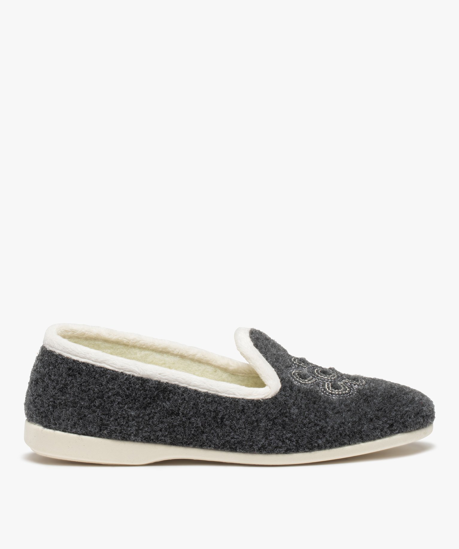 Chaussons femme avec dessus en feutrine brodée gris | GEMO